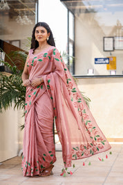Petal Script (Handpainted Mauve Malmal Saree)