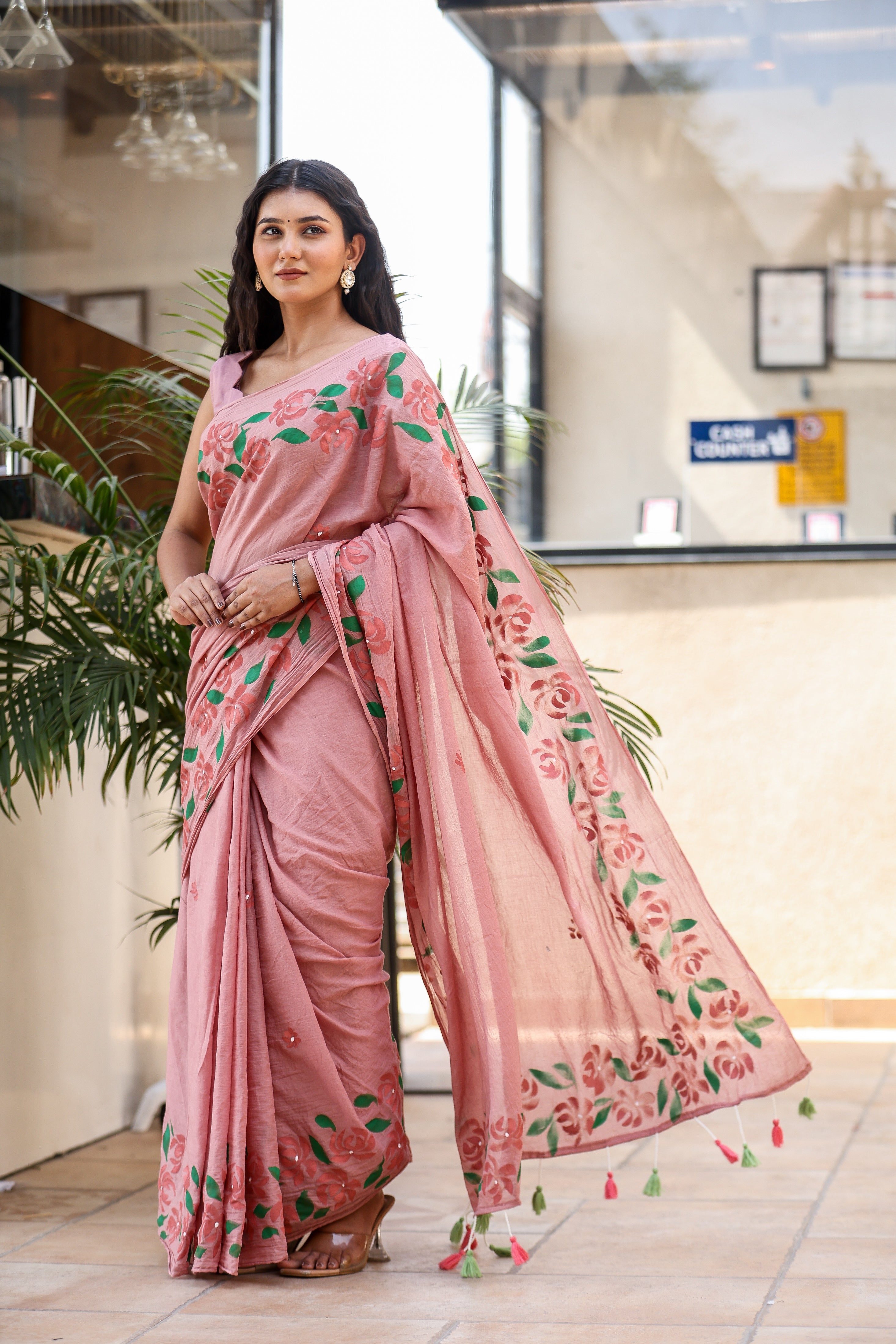Petal Script (Handpainted Mauve Malmal Saree)