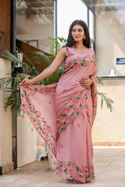 Petal Script (Handpainted Mauve Malmal Saree)