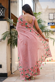 Petal Script (Handpainted Mauve Malmal Saree)