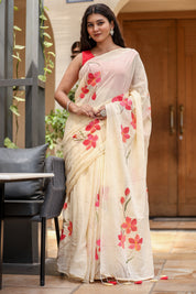 Petal Whisper (Handpainted Ivory Creme Malmal Saree)