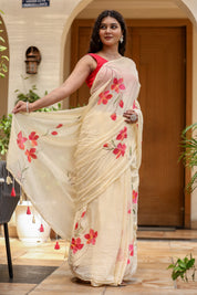 Petal Whisper (Handpainted Ivory Creme Malmal Saree)