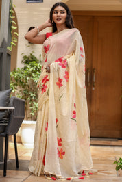 Petal Whisper (Handpainted Ivory Creme Malmal Saree)