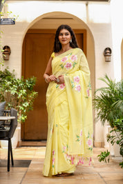 Sunlit Blossom (Handpainted Yellow Malmal Saree)