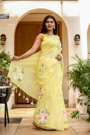 Sunlit Blossom (Handpainted Yellow Malmal Saree)