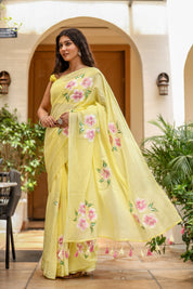 Sunlit Blossom (Handpainted Yellow Malmal Saree)