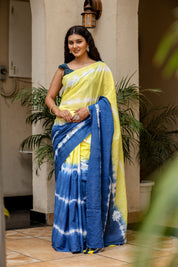 Indigo Sunrise (Handpainted Blue Yellow Malmal Saree)