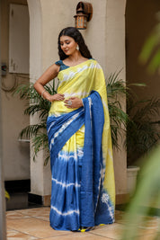 Indigo Sunrise (Handpainted Blue Yellow Malmal Saree)