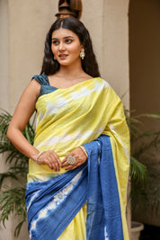 Indigo Sunrise (Handpainted Blue Yellow Malmal Saree)
