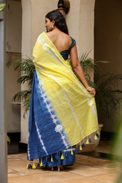 Indigo Sunrise (Handpainted Blue Yellow Malmal Saree)