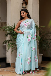 Misty Teal (Handpainted Blue Malmal Saree)