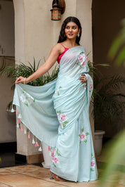 Misty Teal (Handpainted Blue Malmal Saree)