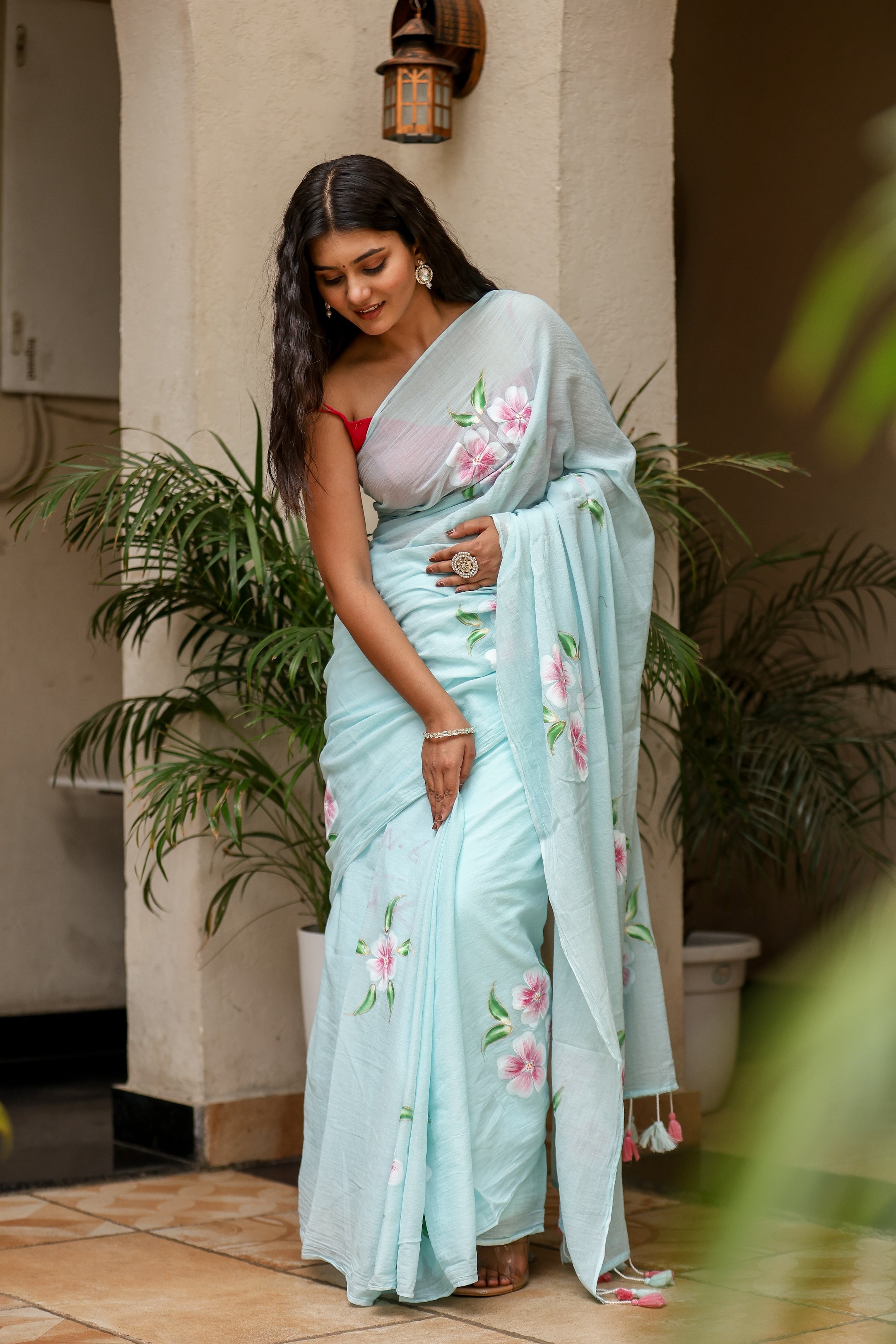 Misty Teal (Handpainted Blue Malmal Saree)