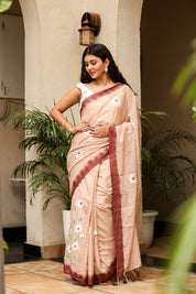 Rosewood Dusk (Handpainted Brown Malmal Saree)