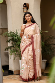 Rosewood Dusk (Handpainted Brown Malmal Saree)