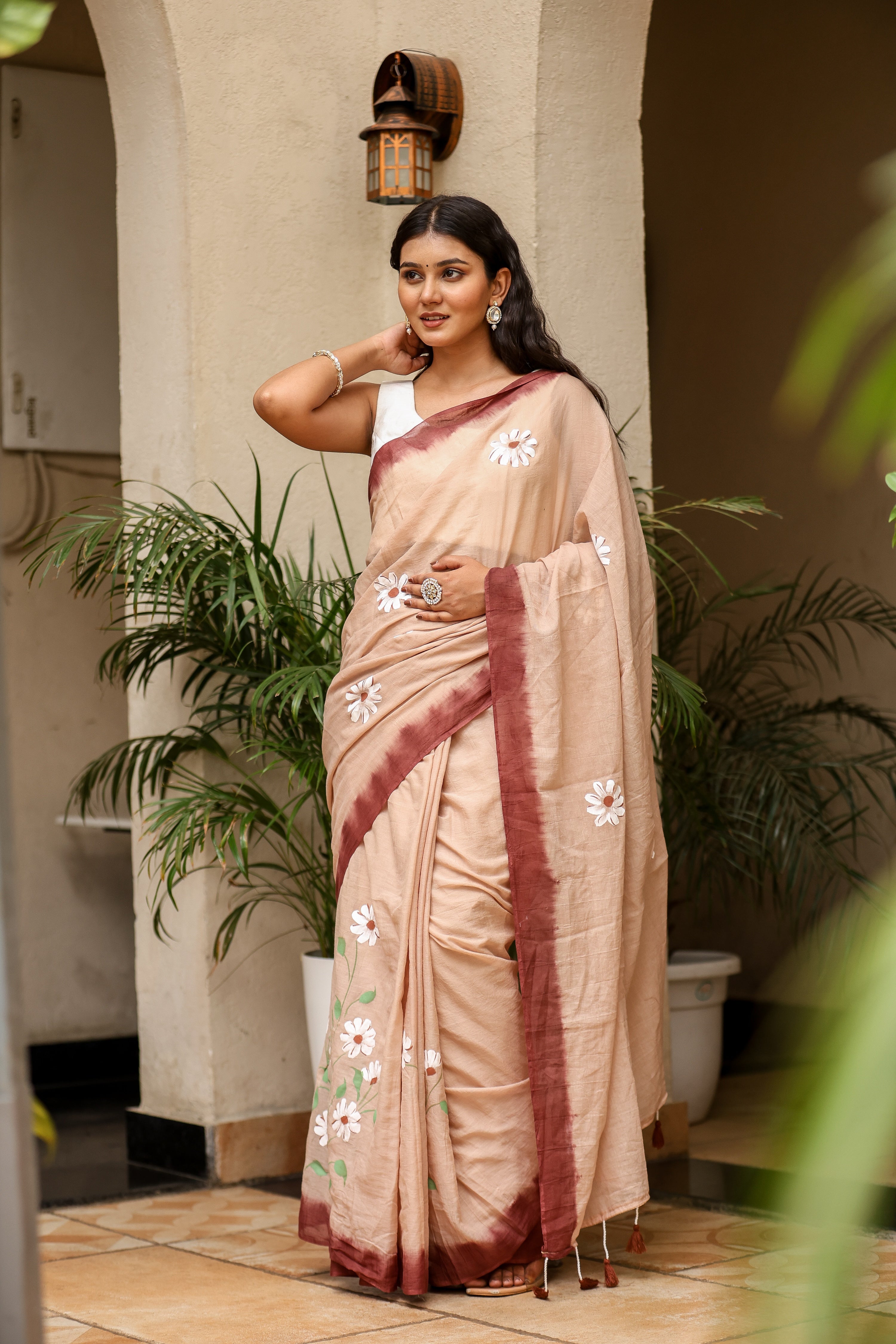 Rosewood Dusk (Handpainted Brown Malmal Saree)