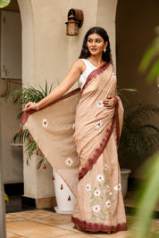 Rosewood Dusk (Handpainted Brown Malmal Saree)