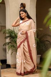 Rosewood Dusk (Handpainted Brown Malmal Saree)