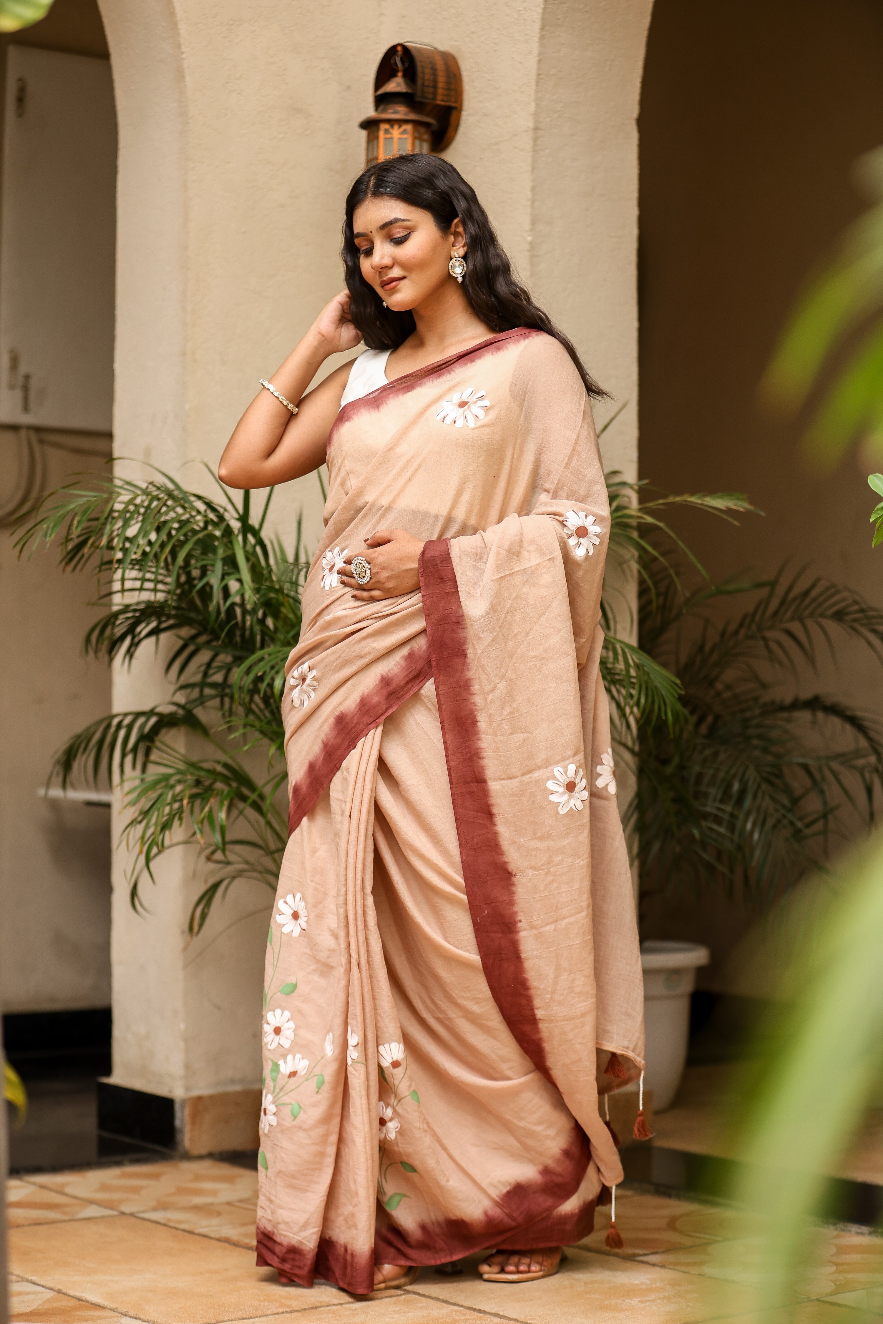 Rosewood Dusk (Handpainted Brown Malmal Saree)