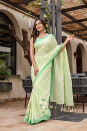 Spring Meadow (Handpainted Green Malmal Saree)