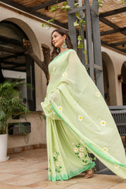 Spring Meadow (Handpainted Green Malmal Saree)