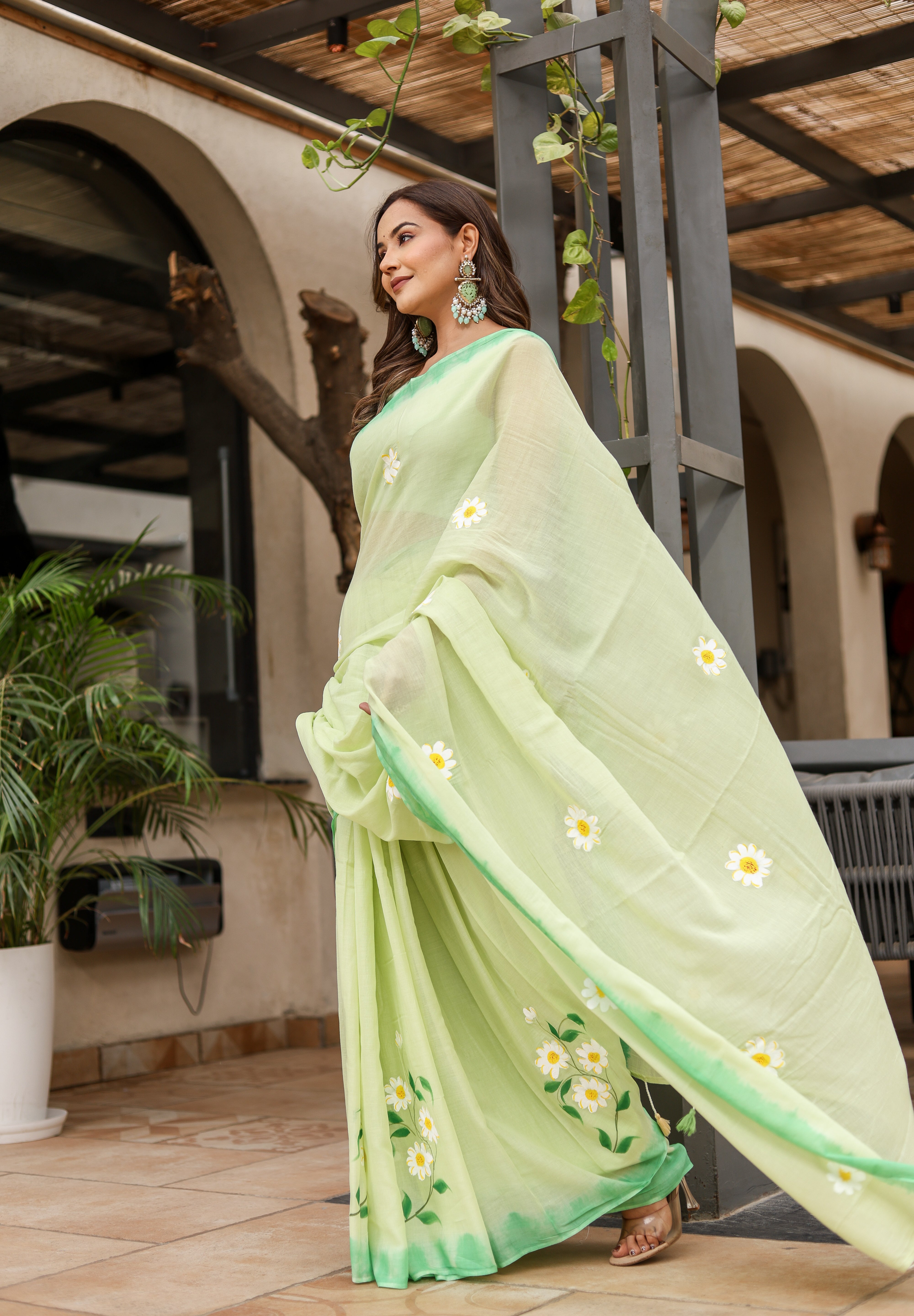 Spring Meadow (Handpainted Green Malmal Saree)
