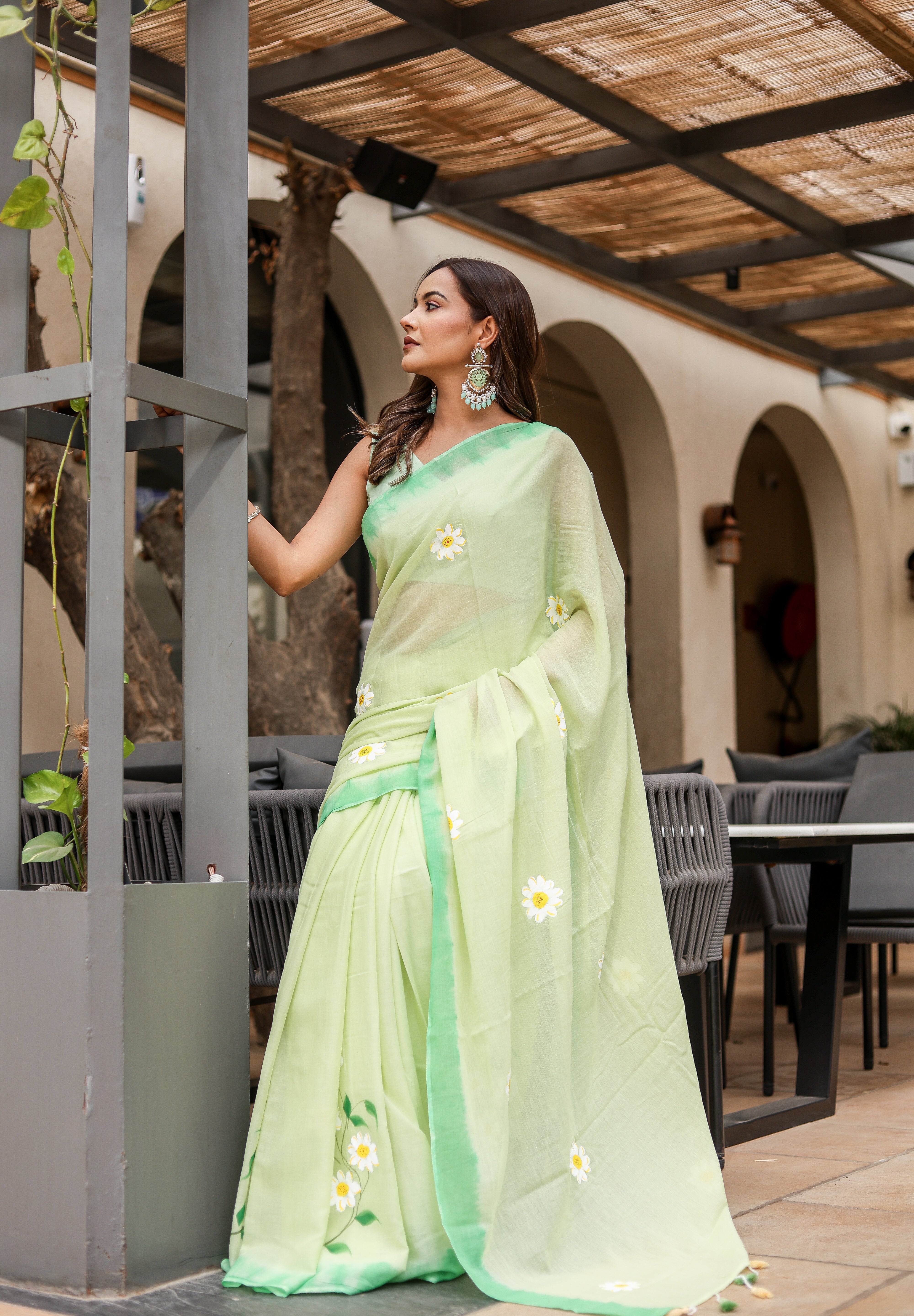 Spring Meadow (Handpainted Green Malmal Saree)
