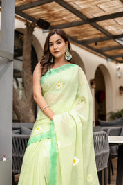 Spring Meadow (Handpainted Green Malmal Saree)