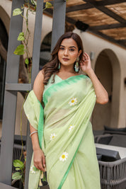 Spring Meadow (Handpainted Green Malmal Saree)