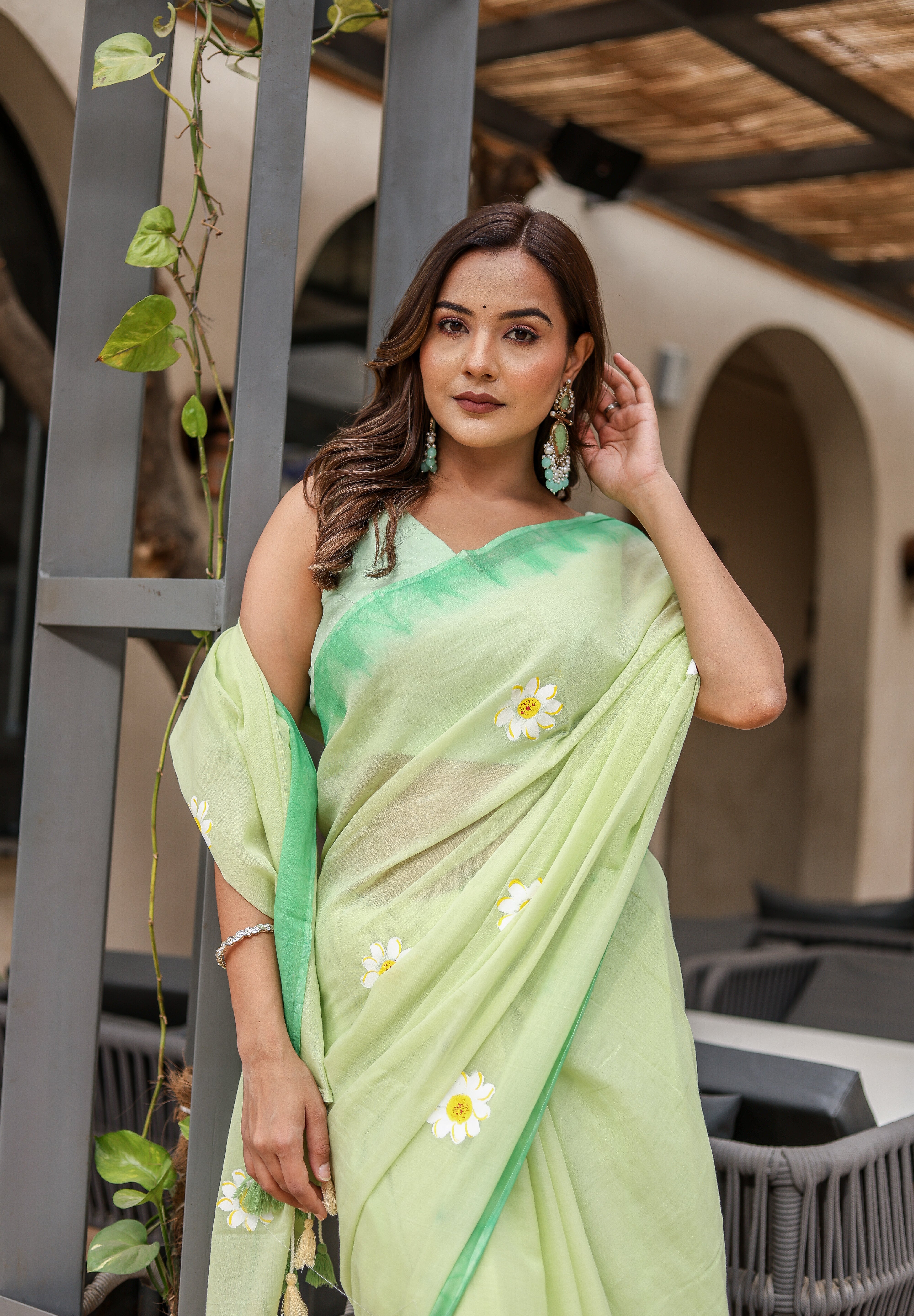 Spring Meadow (Handpainted Green Malmal Saree)