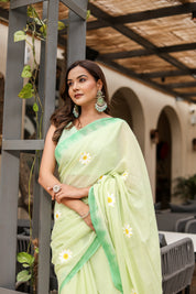 Spring Meadow (Handpainted Green Malmal Saree)