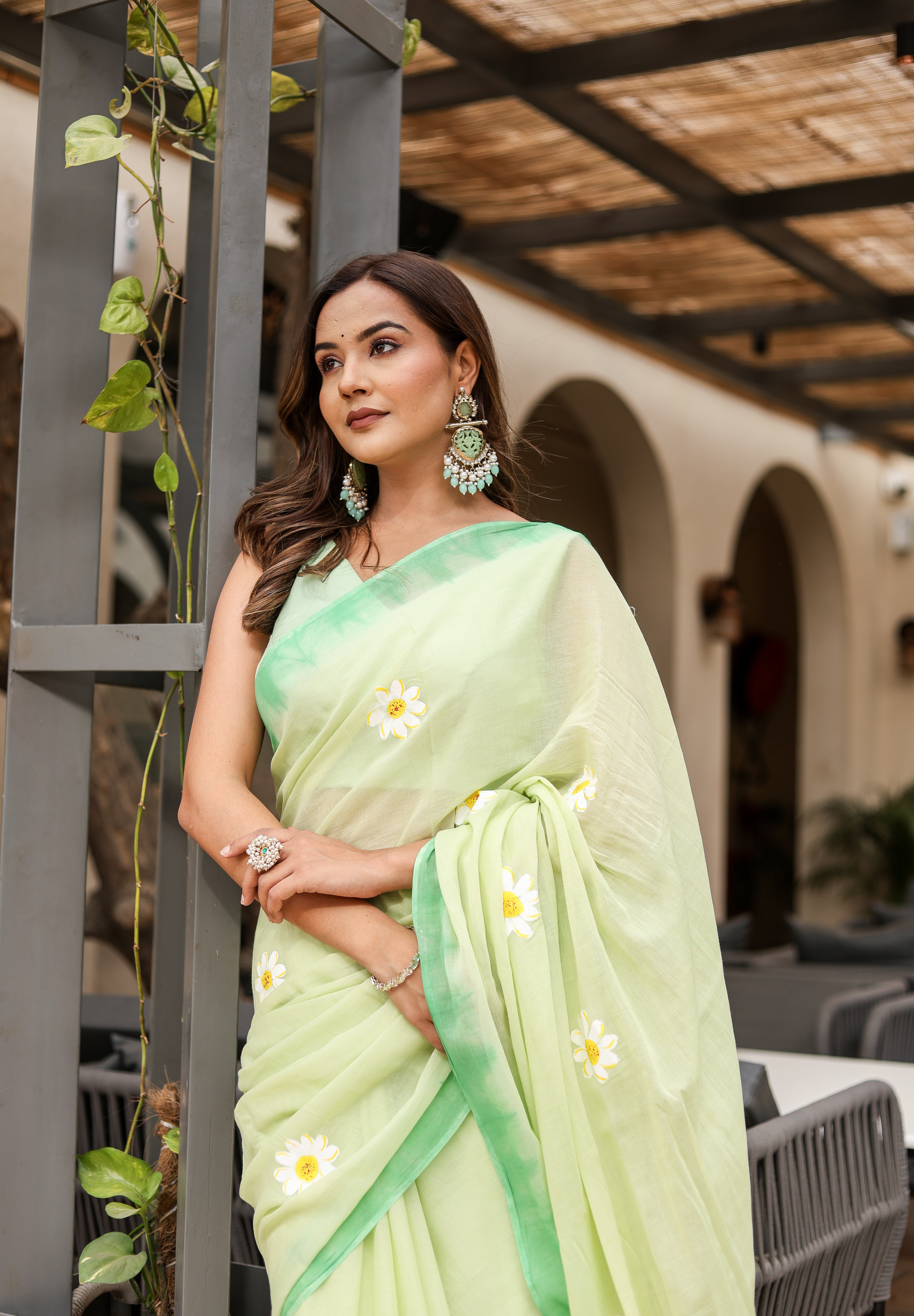 Spring Meadow (Handpainted Green Malmal Saree)
