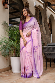 Lavender Blush (Handpainted Malmal Saree)