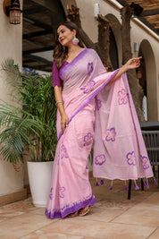 Lavender Blush (Handpainted Malmal Saree)