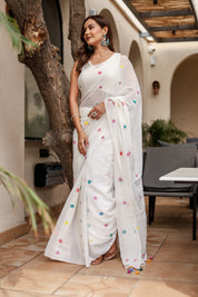Confetti Breeze (Handpainted Malmal Creme Saree)