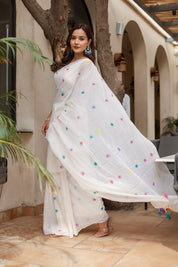 Confetti Breeze (Handpainted Malmal Creme Saree)