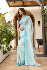 Sky Blossom (Handpainted Blue Malmal Saree)
