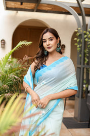 Sky Blossom (Handpainted Blue Malmal Saree)