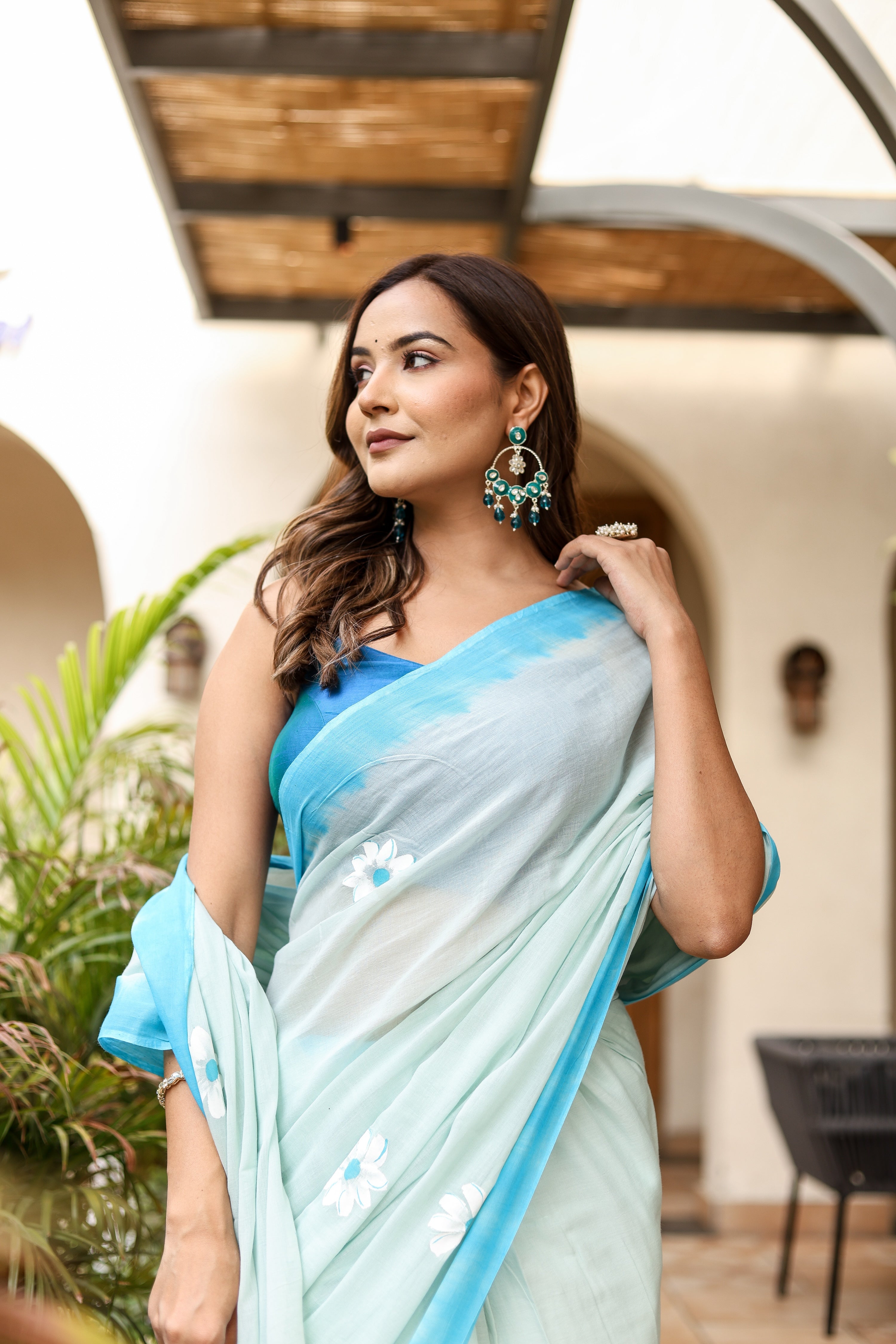 Sky Blossom (Handpainted Blue Malmal Saree)
