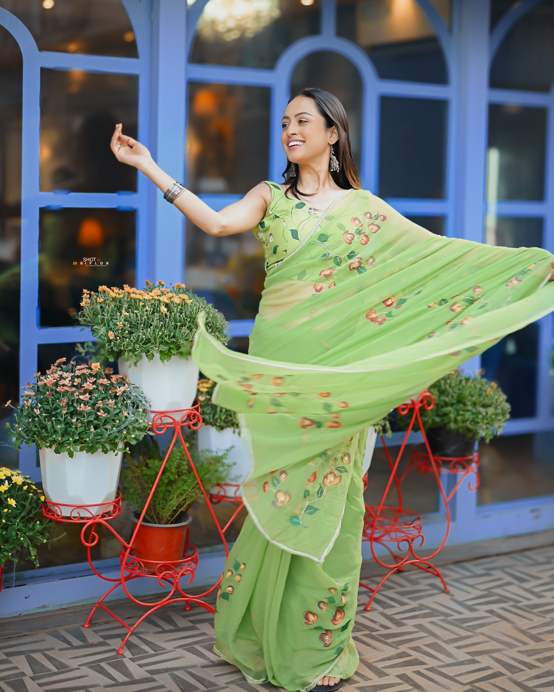 Pistachio Petals (Handpainted pure viscose chiffon saree with handwork of cutdana)
