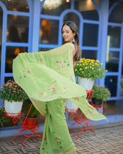 Pistachio Petals (Handpainted pure viscose chiffon saree with handwork of cutdana)