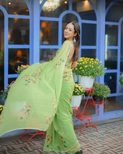 Pistachio Petals (Handpainted pure viscose chiffon saree with handwork of cutdana)