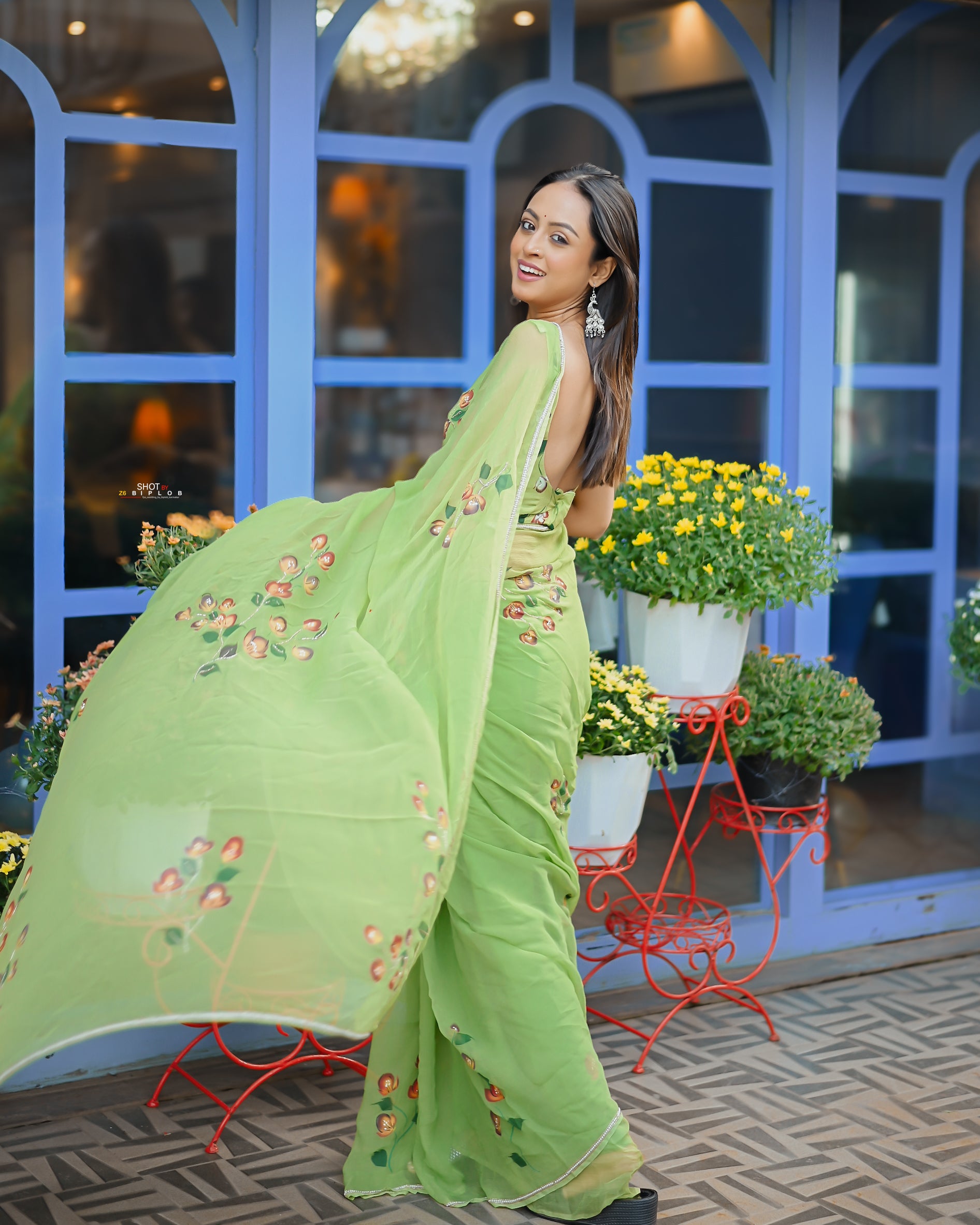 Pistachio Petals (Handpainted pure viscose chiffon saree with handwork of cutdana)