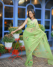 Pistachio Petals (Handpainted pure viscose chiffon saree with handwork of cutdana)