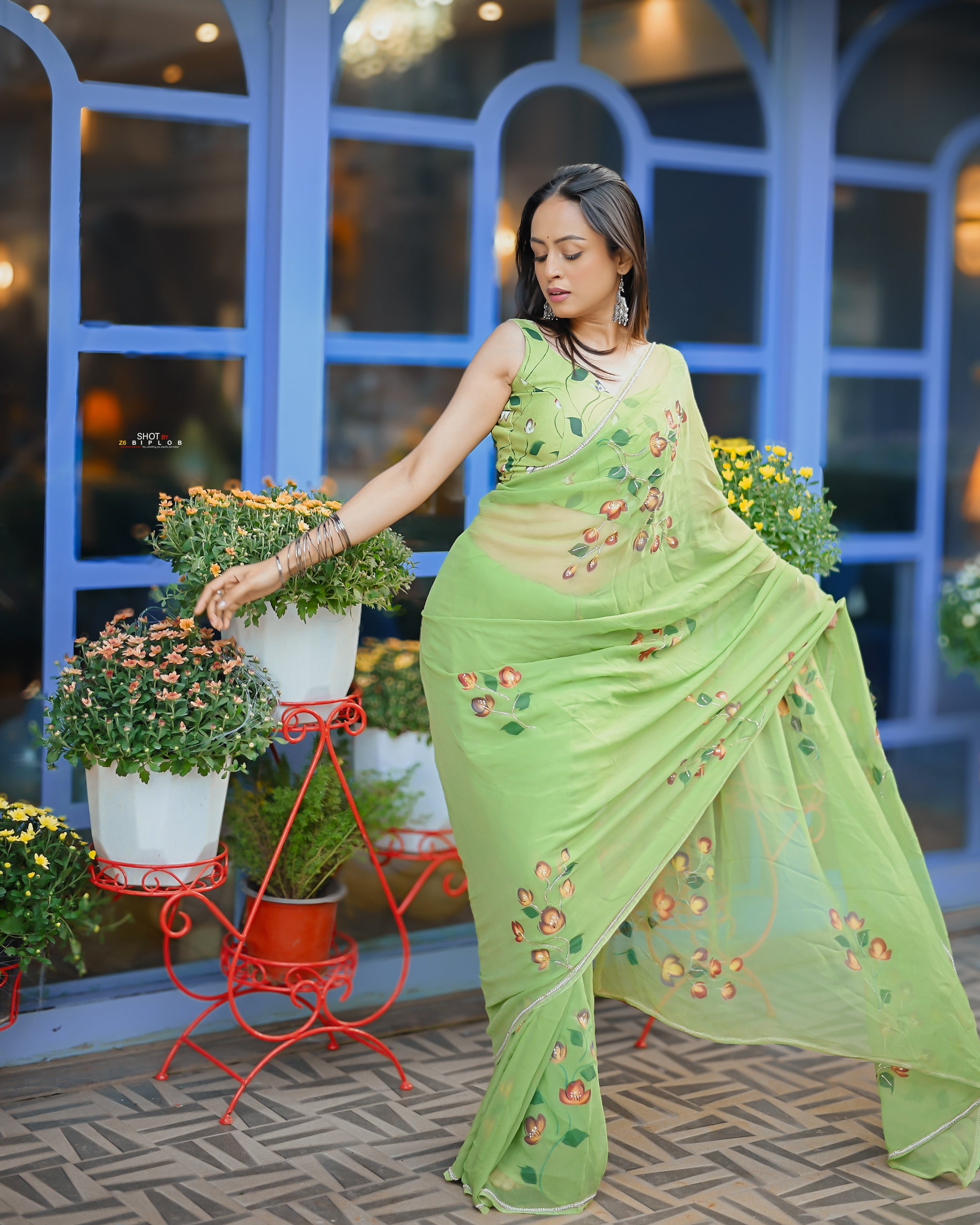 Pistachio Petals (Handpainted pure viscose chiffon saree with handwork of cutdana)