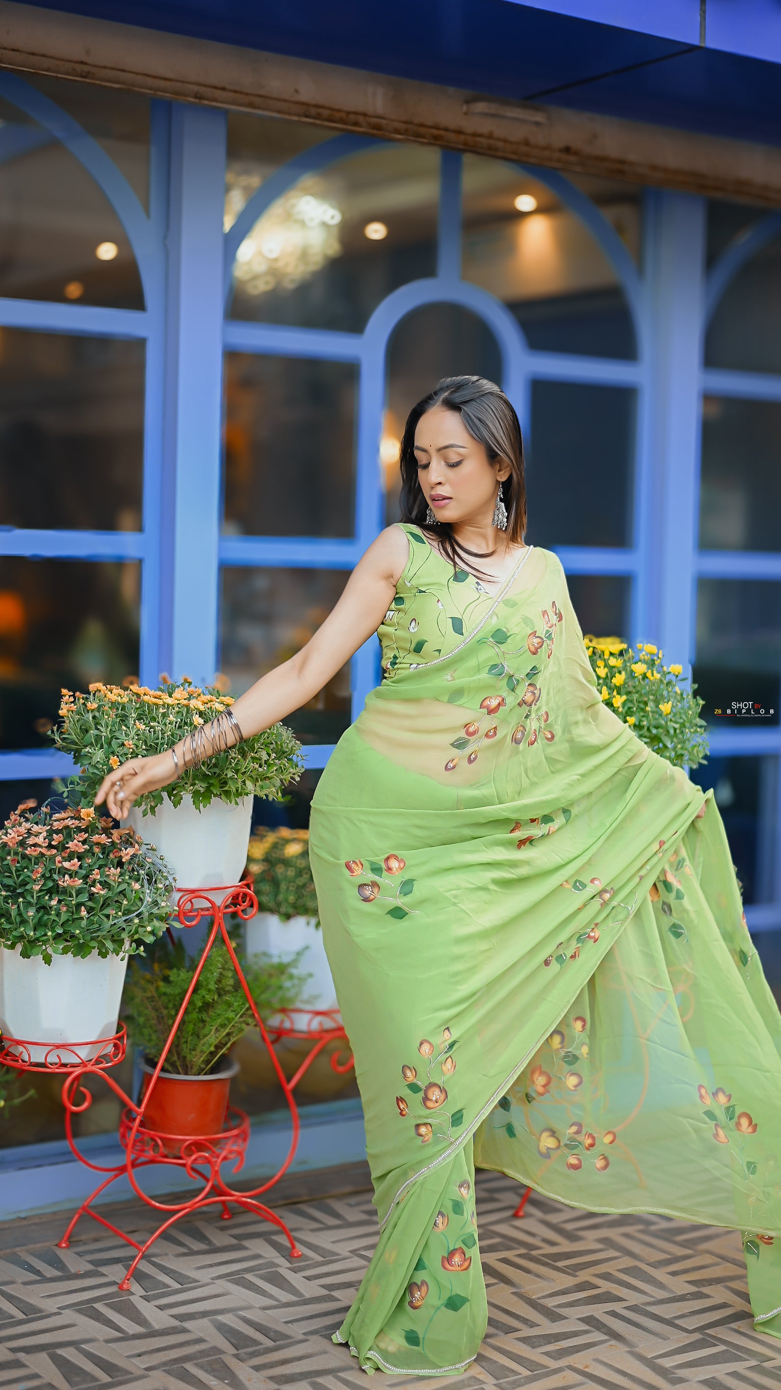 Pistachio Petals (Handpainted pure viscose chiffon saree with handwork of cutdana)