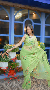 Pistachio Petals (Handpainted pure viscose chiffon saree with handwork of cutdana)