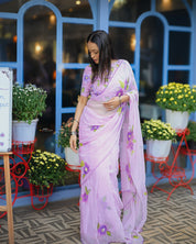 Lilac Reverie (Handpainted pure viscose chiffon saree)