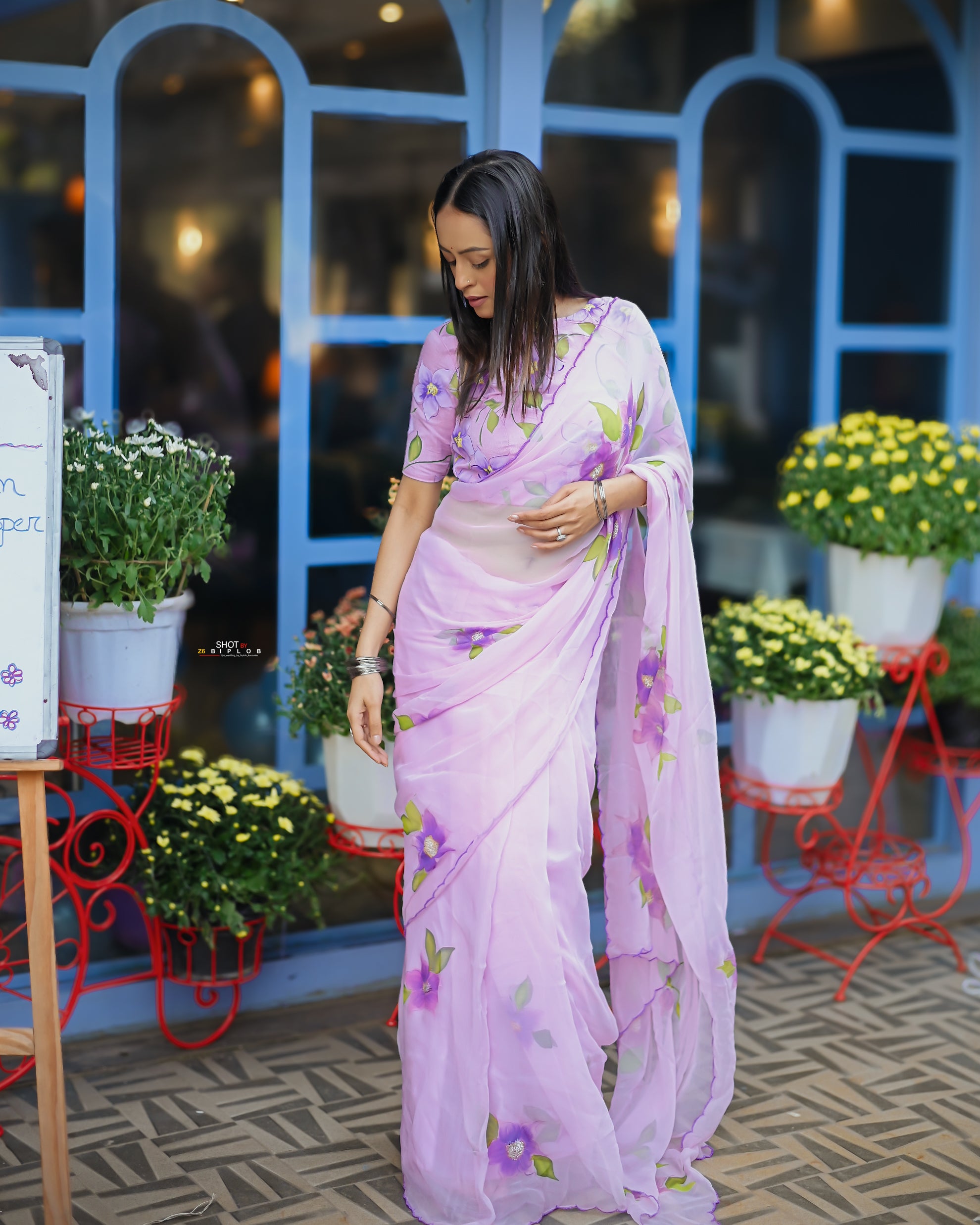 Lilac Reverie (Handpainted pure viscose chiffon saree)