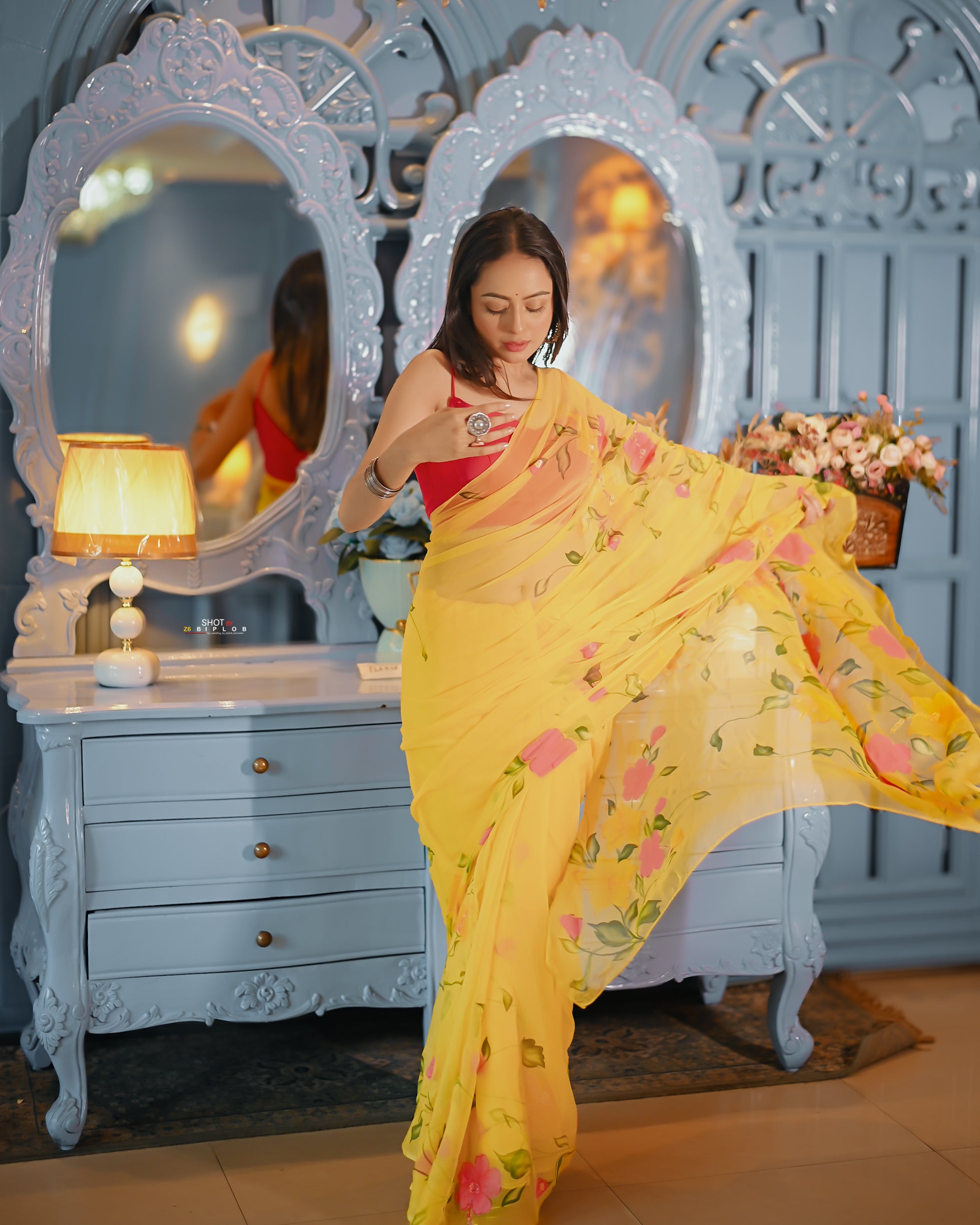 Golden Bloom Reverie (Handpainted pure viscose yellow chiffon saree with sequins work)